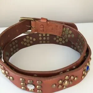 Cognac Brown Leather Brass Studs Colorful Crystal Western Boho Cowgirl Belt L Cognac Brown Leather Brass Studs Colorful Crystal Western  main image 2